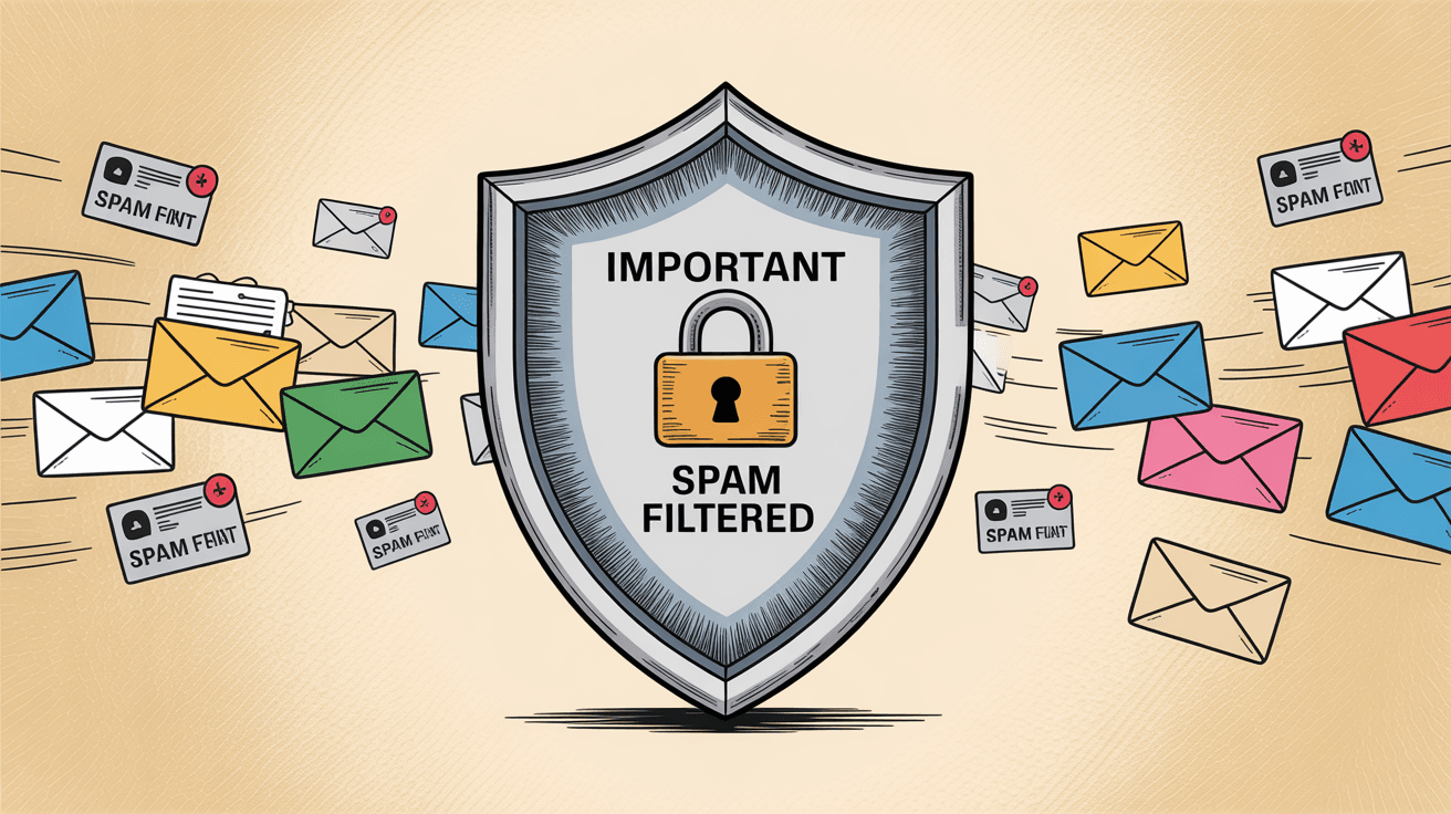 Shield protecting important emails while filtering spam showing safe automation implementation